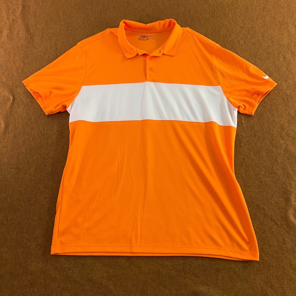 Nike Mens XL Orange White Colorblock Dri-FIT Short Sleeve Golf Polo Shirt
